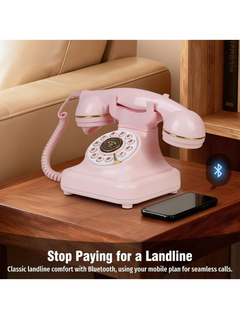 Vintage Bluetooth Retro Phone with Voice Assistant, Wireless Home Telephone